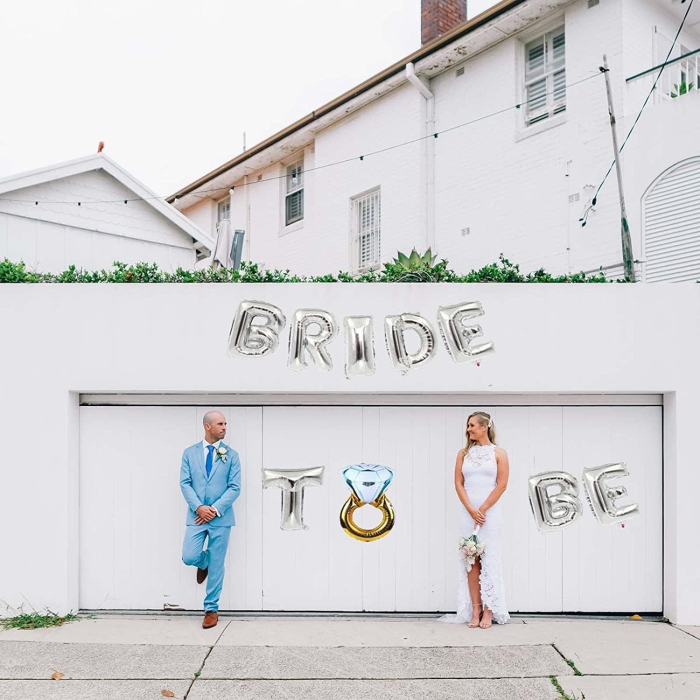 Set Baloane din Folie Metalizata, , Model Bride to Be cu Inel de Logodna, Litere de 40 cm, Baloane Party, Ambalaj Individual, Pai Inclus, Umflare cu Aer sau Heliu, Argintiu [6]