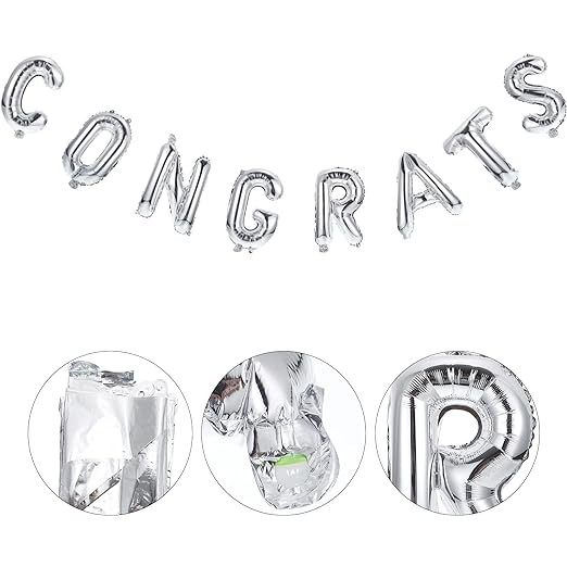 Set Baloane din Folie Metalizată, , Model Congrats, Litere de 40 cm, Baloane Absolvire, Ambalaj Individual, Pai inclus, Umflare cu Aer sau Heliu, Argintiu [3]