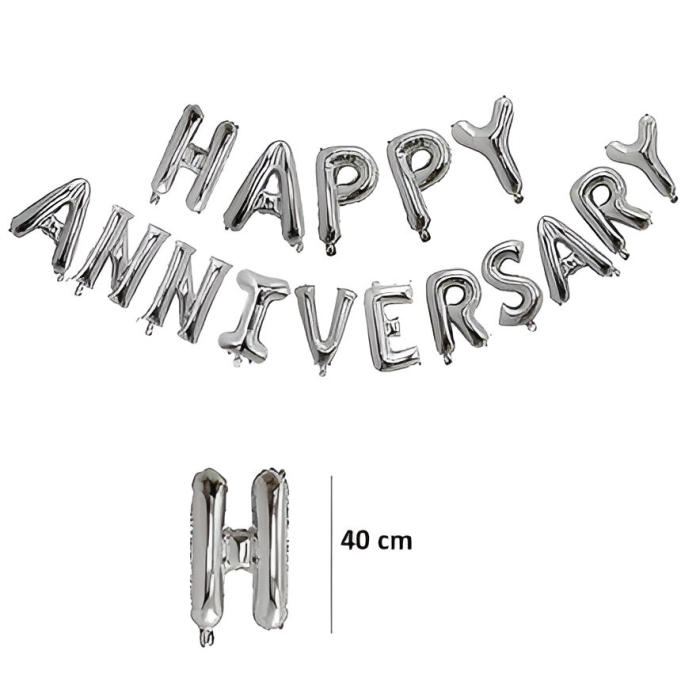 Set Baloane din Folie Metalizată, , Model Happy Anniversary, Litere de 40 cm, Baloane Party, Ambalaj Individual, Pai inclus, Umflare cu Aer sau Heliu, Argintiu [3]