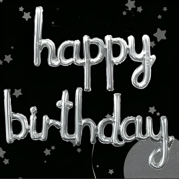 Set Baloane din Folie Metalizată, , Model Happy Birthday, 45x85 cm, 45x124cm, Baloane Party, Ambalaj Individual, Pai inclus, Umflare cu Aer sau Heliu, Argintiu [3]