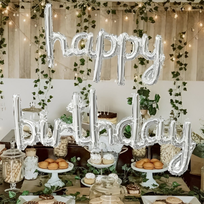Set Baloane din Folie Metalizată, , Model Happy Birthday, 45x85 cm, 45x124cm, Baloane Party, Ambalaj Individual, Pai inclus, Umflare cu Aer sau Heliu, Argintiu [4]