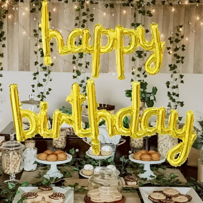 Set Baloane din Folie Metalizată, , Model Happy Birthday, 45x85 cm, 45x124cm, Baloane Party, Ambalaj Individual, Pai inclus, Umflare cu Aer sau Heliu, Gold [5]