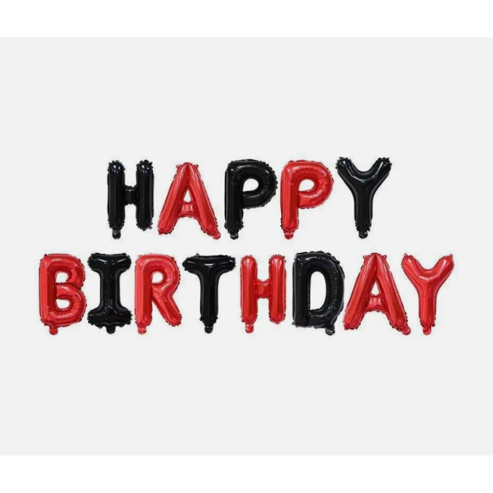Set Baloane din Folie Metalizata, , Model Happy Birthday, Litere de 40 cm, Baloane Party, Ambalaj Individual, Pai, Ata si Adeziv Incluse, Umflare cu Aer sau Heliu, Rosu-Negru [7]