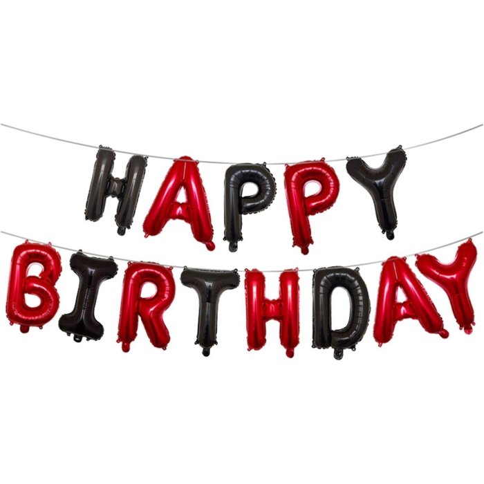 Set Baloane din Folie Metalizata, , Model Happy Birthday, Litere de 40 cm, Baloane Party, Ambalaj Individual, Pai, Ata si Adeziv Incluse, Umflare cu Aer sau Heliu, Rosu-Negru [6]