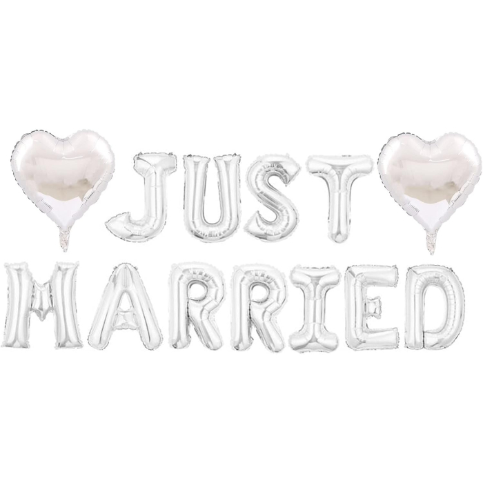 Set Baloane din Folie Metalizata, , Model Just Married, Litere de 40 cm, Baloane Party, Ambalaj Individual, Pai, Ata si Adeziv Incluse, Umflare cu Aer sau Heliu, Argintiu [9]