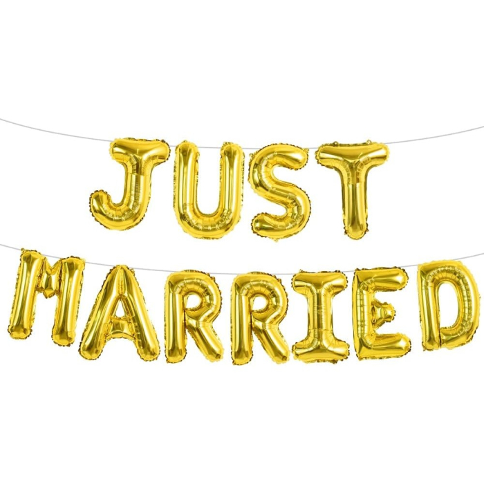 Set Baloane din Folie Metalizata, , Model Just Married, Litere de 40 cm, Baloane Party, Ambalaj Individual, Pai, Ata si Adeziv Incluse, Umflare cu Aer sau Heliu, Auriu [6]