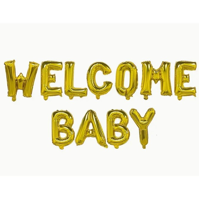 Set Baloane din Folie Metalizata, , Model Welcome Baby, Litere de 40 cm, Baloane Party, Ambalaj Individual, Pai, Ata si Adeziv Incluse, Umflare cu Aer sau Heliu, Auriu [4]