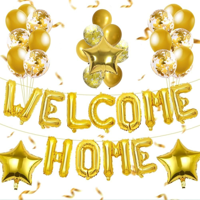 Set Baloane din Folie Metalizata, , Model WELCOME!, Litere de 40 cm, Baloane Party, Ambalaj Individual, Pai Inclus, Umflare cu Aer sau Heliu, Auriu [3]