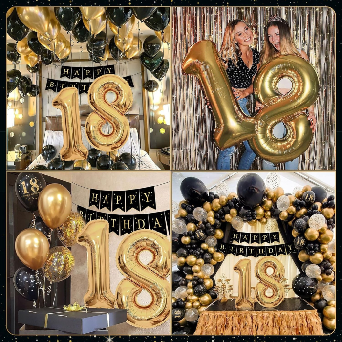 Set Baloane Folie si Latex, , Tematica Aniversare Majorat, Baloane Latex, Figurine Cifrele 1 si 8, Ambalaj Individual, Pai Inclus, Umflare cu Aer sau Heliu, Auriu Negru [3]