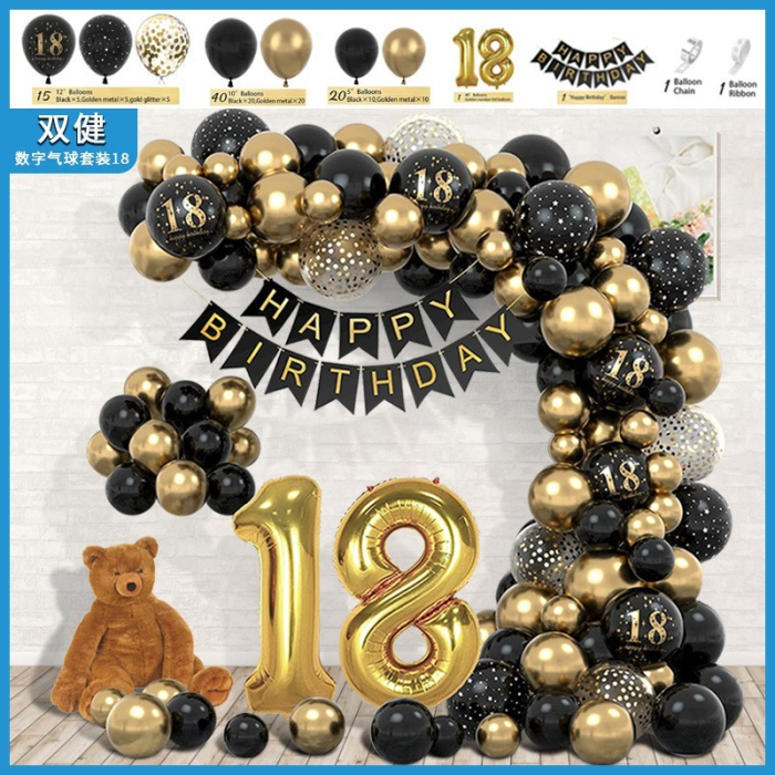 Set Baloane Folie si Latex, , Tematica Aniversare Majorat, Baloane Latex, Figurine Cifrele 1 si 8, Ambalaj Individual, Pai Inclus, Umflare cu Aer sau Heliu, Auriu Negru [6]