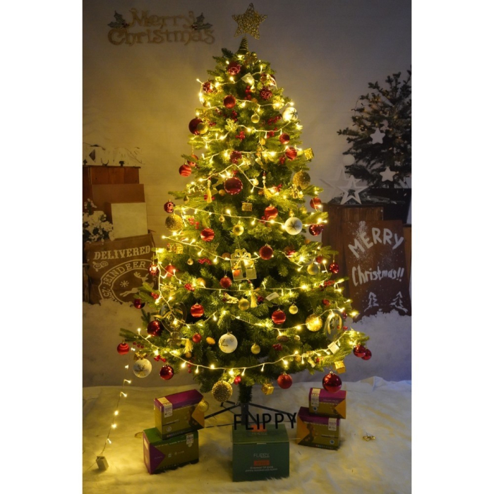 Set brad artificial de Craciun si elemente decorative, decorat cu conuri pin rosii, inaltime 210 cm, diametru 137 cm, 1172 ramuri, , verde, suport metalic inclus [3]