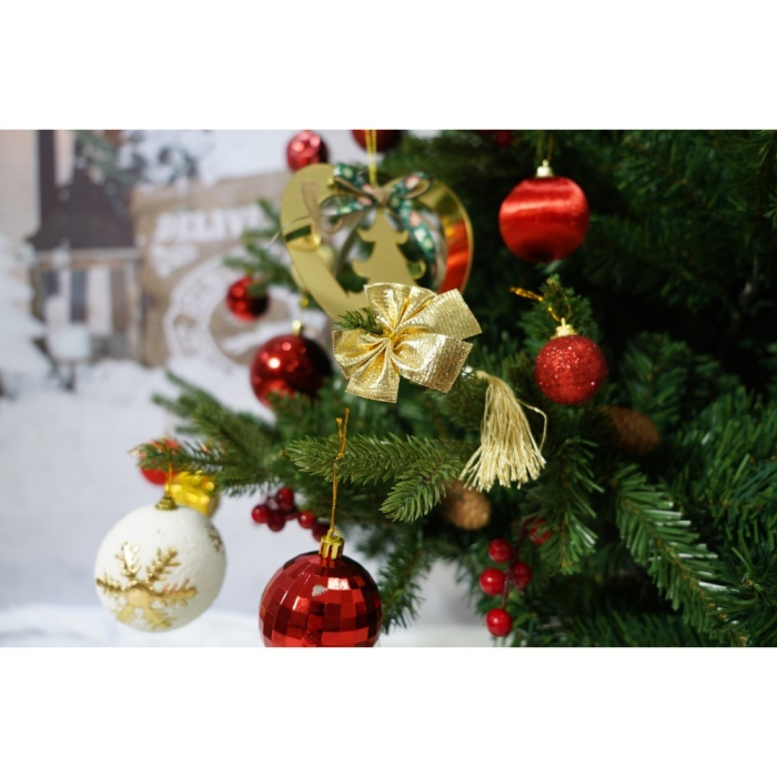 Set brad artificial de Craciun si elemente decorative, decorat cu conuri pin rosii, inaltime 210 cm, diametru 137 cm, 1172 ramuri, , verde, suport metalic inclus [6]