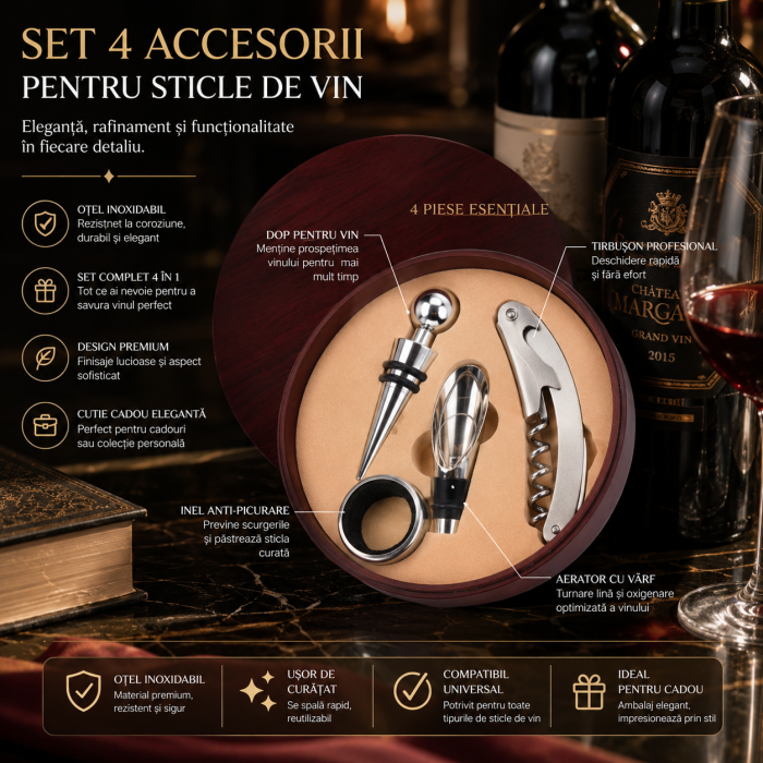 Set Cadou Premium pentru Vin cu 4 Accesorii din Otel Inoxidabil si Cutie Eleganta din Lemn, ORIGINAL DEALS [5]