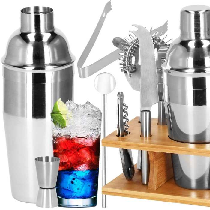 Set Cocktail Shaker Kit pentru barmani 550ml, KI22, suport bambus, 9 piese [33]
