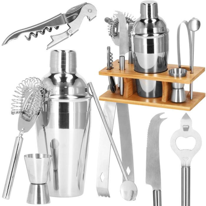 Set Cocktail Shaker Kit pentru barmani 550ml, KI22, suport bambus, 9 piese [32]