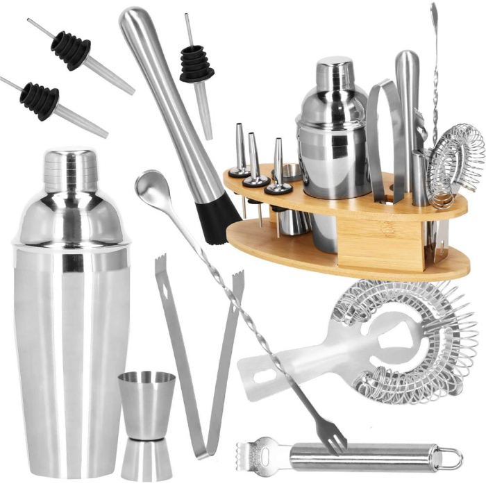 Set Cocktail Shaker Kit pentru barmani 550ml, KI24, suport bambus, 11 piese [36]