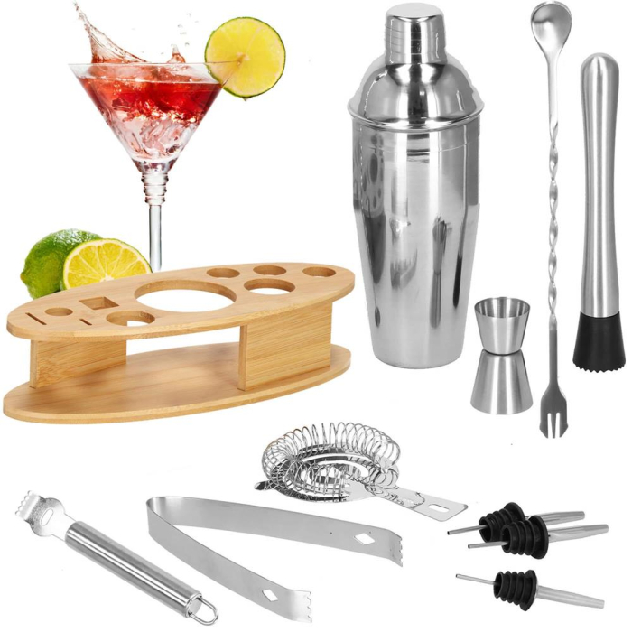 Set Cocktail Shaker Kit pentru barmani 550ml, KI24, suport bambus, 11 piese [30]