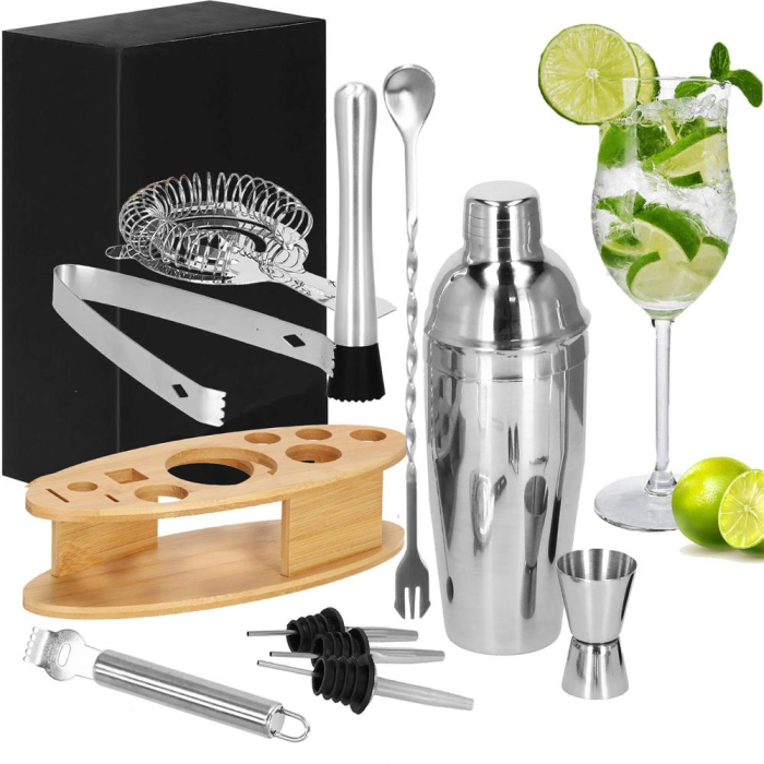 Set Cocktail Shaker Kit pentru barmani 550ml, KI24, suport bambus, 11 piese [33]