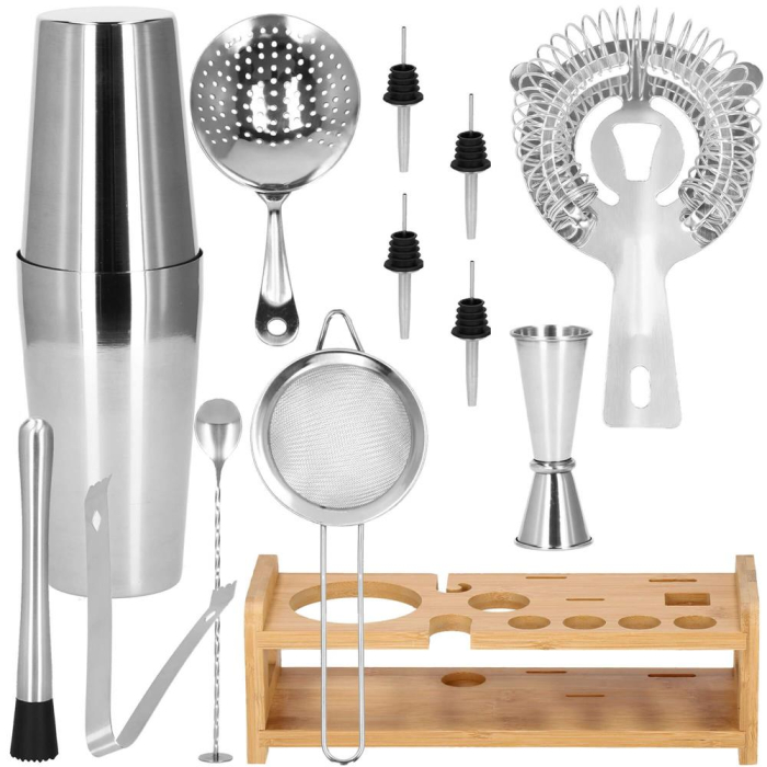 Set Cocktail Shaker Kit pentru barmani 750ml, KI11, suport bambus, 14 piese [22]