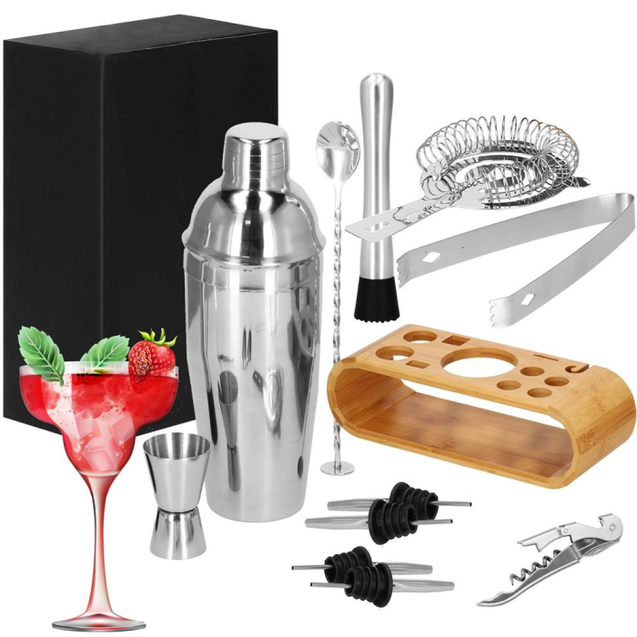 Set Cocktail Shaker Kit pentru barmani 750ml, KI25, suport bambus, 12 piese [28]