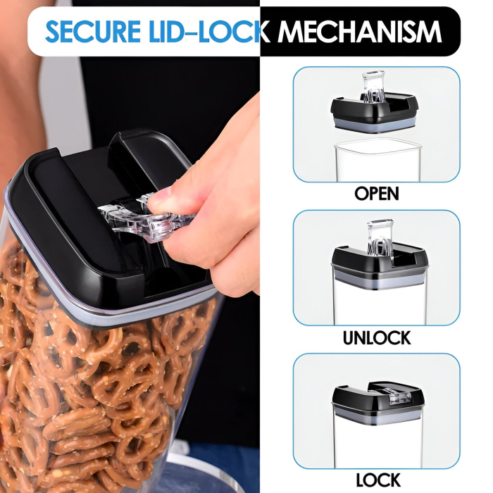 Set Cutii de Depozitare a Alimentelor, , 7 Recipiente, 10 Etichete Reutilizabile, 4 Linguri, pentru Bucatarie, Spatula, Etansare, Fara BPA, Transparente, Capac Negru [6]