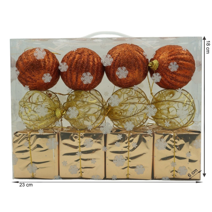 Set de 12 ornamente de brad, , de tip Glob, Cupru/ Auriu, din polistiren, cu finisaj sclipitor , cutie 6 cm adancime x 23 cm lungime x 18 cm inaltime [11]