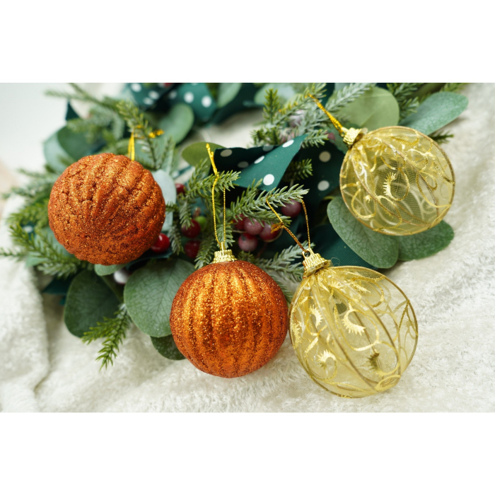 Set de 12 ornamente de brad, , de tip Glob, Cupru/ Auriu, din polistiren, cu finisaj sclipitor , cutie 6 cm adancime x 23 cm lungime x 18 cm inaltime [3]