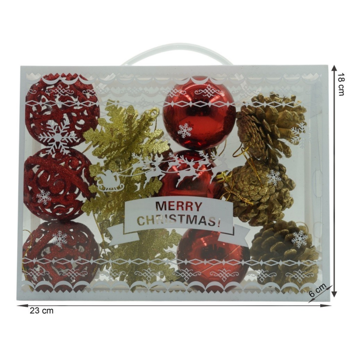 Set de 12 ornamente de brad, , de tip Glob, Rosu/ Auriu, din plastic, cu finisaj sclipitor , cutie 6 cm adancime x 23 cm lungime x 18 cm inaltime [11]