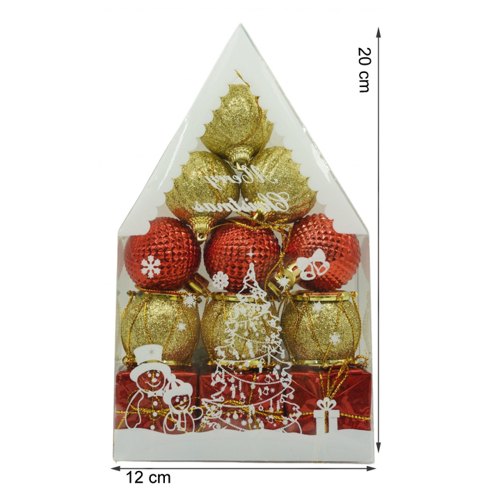 Set de 12 ornamente de brad, , de tip Glob, Rosu/ Auriu, din polistiren, cu finisaj sclipitor , cutie 4 cm adancime x 20 cm inaltime x 12 cm lungime) [6]