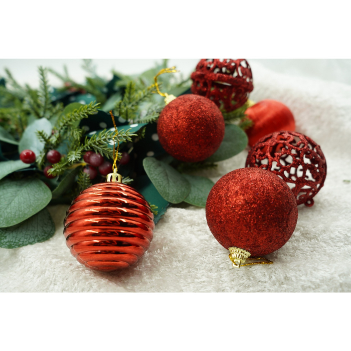 Set de 12 ornamente de brad, , de tip Glob, Rosu, din polistiren, cu finisaj sclipitor , cutie 6 cm adancime x 23 cm lungime x 18 cm inaltime [4]