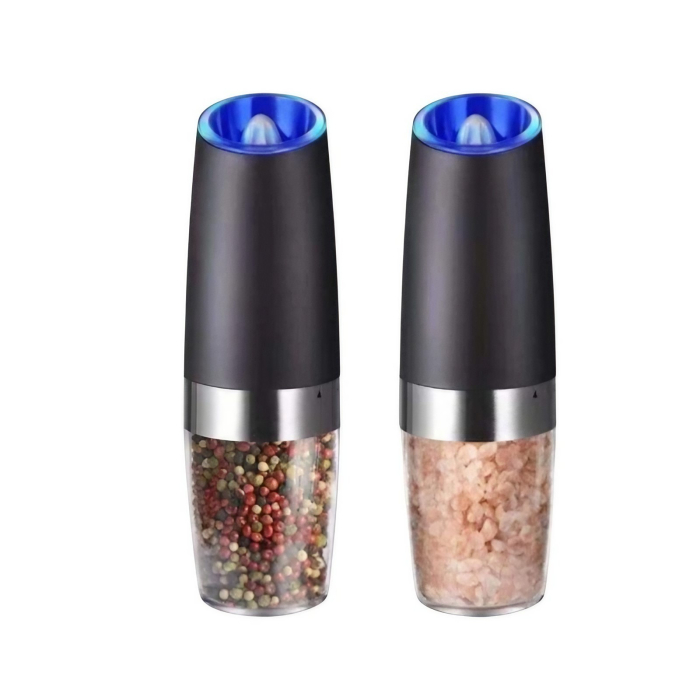 Set de 2 Rasnite electrice de Sare si Piper, , cu Camere Depozitare Transparente, Macinare, Functionare pe Baterii, cu Lumina, ABS, 20x6.5 cm, Negru/Transparent [15]