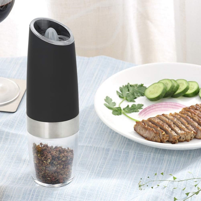 Set de 2 Rasnite electrice de Sare si Piper, , cu Camere Depozitare Transparente, Macinare, Functionare pe Baterii, cu Lumina, ABS, 20x6.5 cm, Negru/Transparent [12]