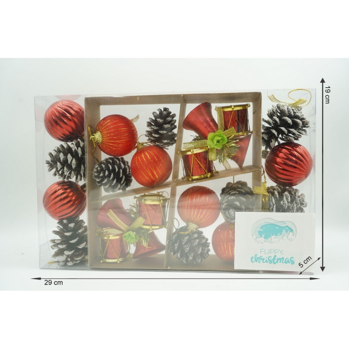 Set de 24 ornamente de brad, , de tip Glob, Rosu/ Maro, din polistiren, cu finisaj sclipitor , cutie 5 cm adancime x 29 cm lungime x 19 cm inaltime [11]