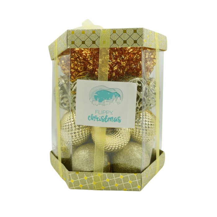 Set de 28 ornamente de brad, , de tip Glob, Cupru/ Auriu, din polistiren, cu finisaj sclipitor , cutie 18 cm adancime x 22 cm inaltime x 18 cm lungime) [1]