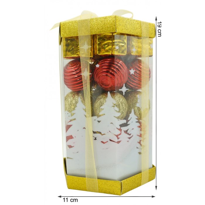 Set de 35 ornamente de brad, , de tip Glob, Rosu/ Auriu, din polistiren, cu finisaj sclipitor , cutie 11 cm adancime x 19 cm inaltime x 11 cm lungime) [6]