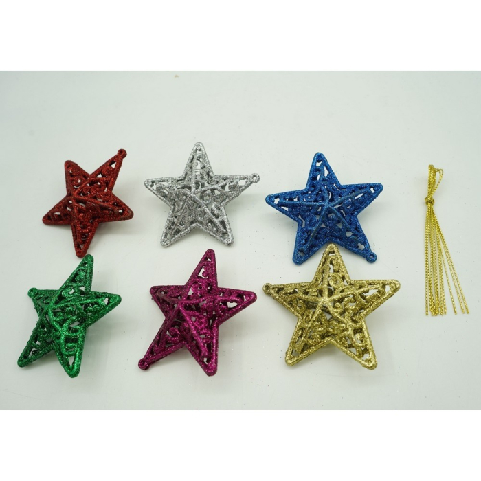 Set de 6 ornamente de brad, , de tip Stea, Multicolor, din plastic, cu finisaj sclipitor , cutie 3 cm adancime x 31 cm lungime x 9 cm inaltime [11]