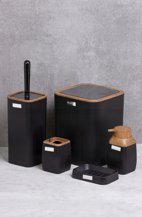 Set de accesorii patrate pentru baie din plastic, 5 piese, negru maro [2]