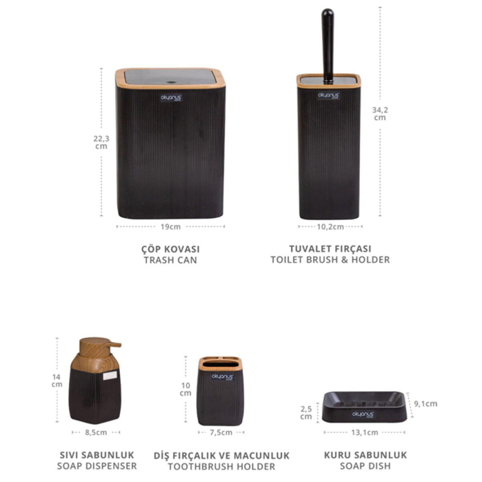 Set de accesorii patrate pentru baie din plastic, 5 piese, negru maro [3]