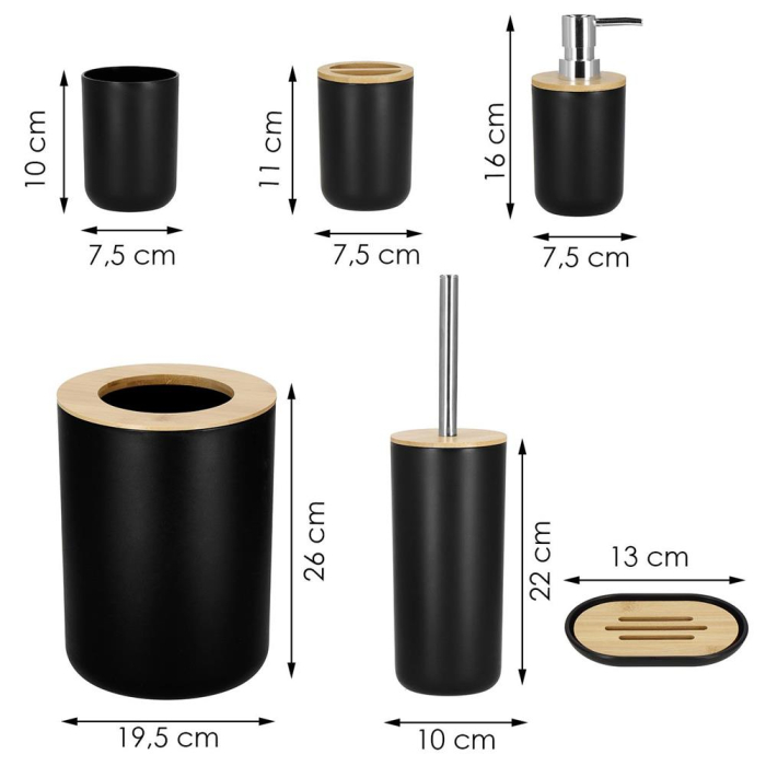 Set de accesorii rotunde pentru baie din plastic cu elemente bambus, 6 piese, negru [3]