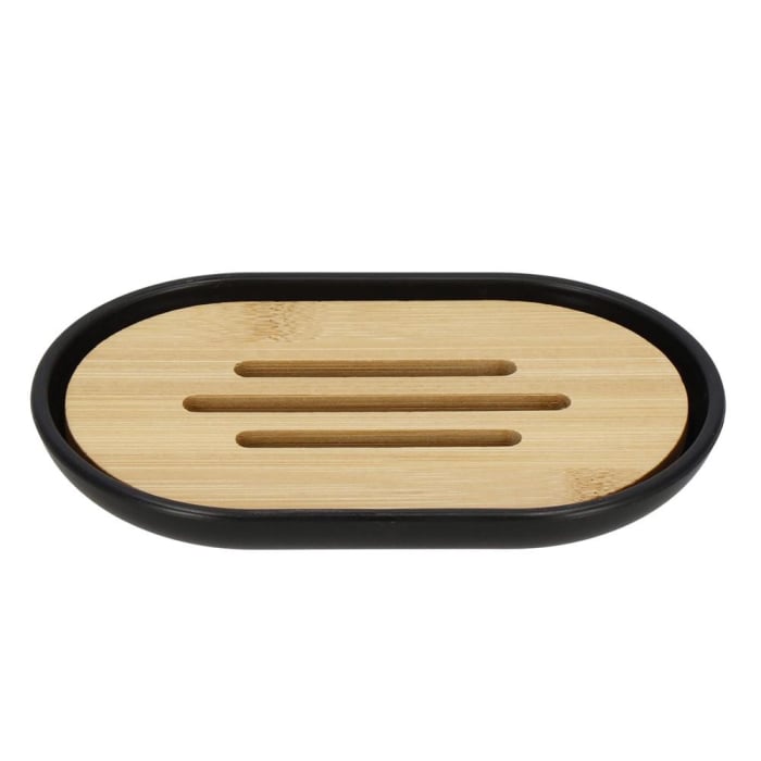 Set de accesorii rotunde pentru baie din plastic cu elemente bambus, 6 piese, negru [2]