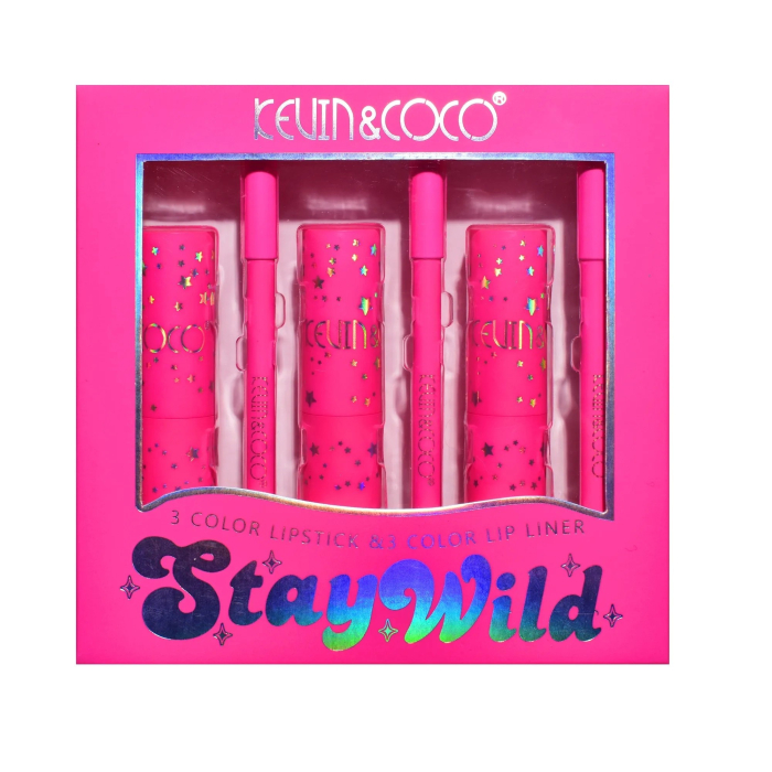 Set de Buze, KEVIN & COCO, Stay Wild, 3 Lip Stick-uri si 3 Creioane de Buze, 16.1 x 16 x 2.6 cm, Nuante Calde [6]