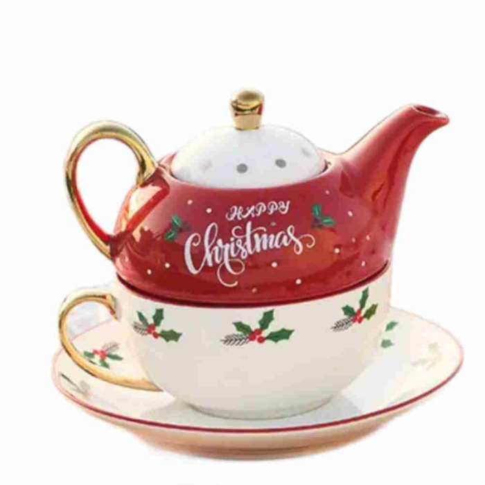 Set de Ceai, , Tema Craciun, Ceainic 420 ml, Cana 310 ml, Farfurie, din Portelan, Model Happy Christmas, Rosu [5]