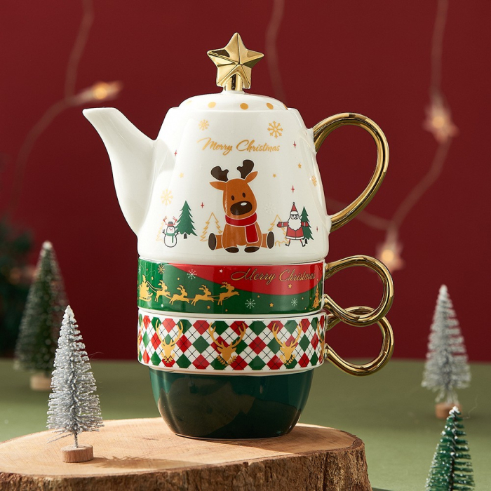 Set de Ceai, , Tema Craciun, Ceainic 450 ml, 2 x Cani 250 ml, din Ceramica, Model Ren Merry Christmas, Alb/Verde [2]