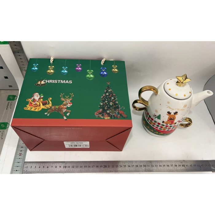 Set de Ceai, , Tema Craciun, Ceainic 450 ml, 2 x Cani 250 ml, din Ceramica, Model Ren Merry Christmas, Alb/Verde [3]