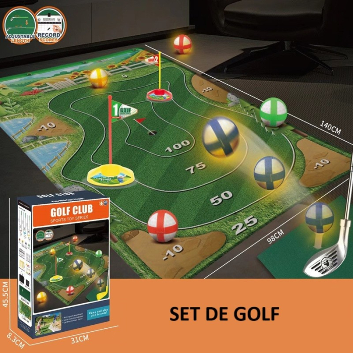 Set de Golf, , Interactiune Parinte-Copil, Covor de Golf, 140 x 98 cm, 4 Mingii cu Scai, 3 Crose Reglabile, Model B, +3 Ani, Multicolor [2]