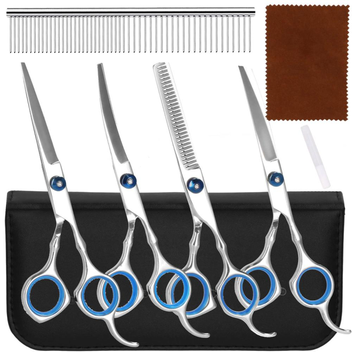 Set de ingrijire pentru animale de companie, cu 4 foarfece pentru tuns si accesorii [6]