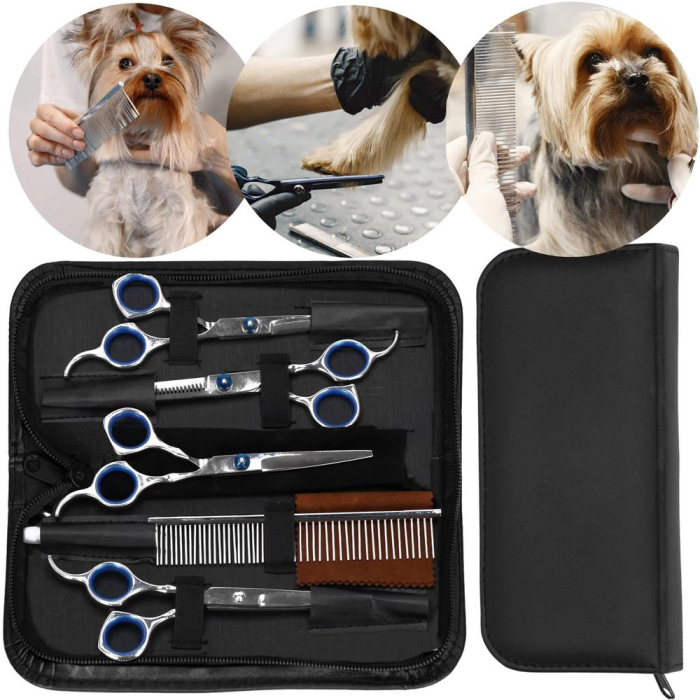 Set de ingrijire pentru animale de companie, cu 4 foarfece pentru tuns si accesorii [12]
