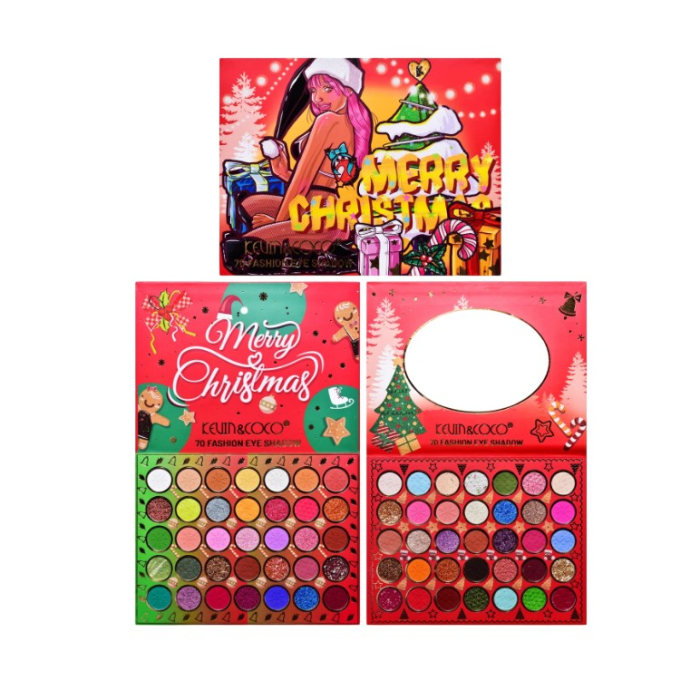 Set de Machiaj Kevin&Coco, 70 de Culori, Paleta de Farduri, Model Merry Christmas, Oglinda Ovala, 22.3x17.2x1.9 cm, Multicolor [1]