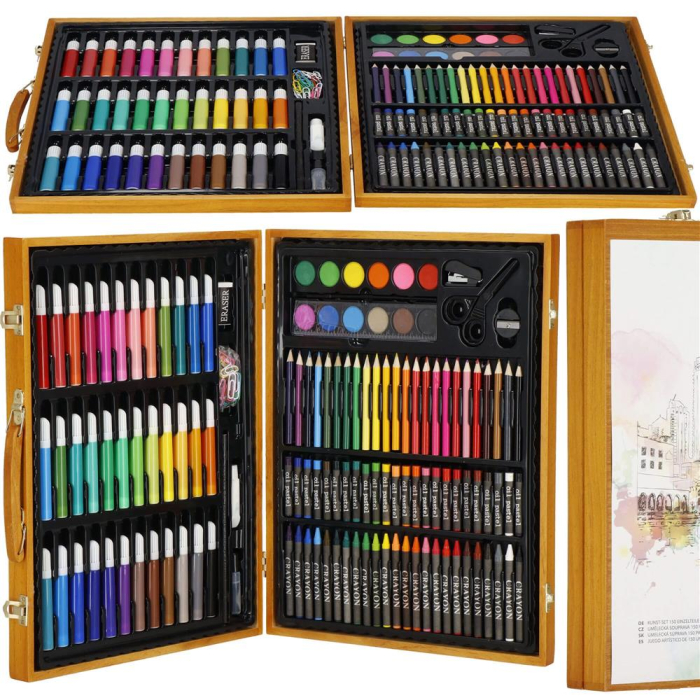 Set de pictura si desen pentru copii, 150 de piese, trusa lemn maro [12]