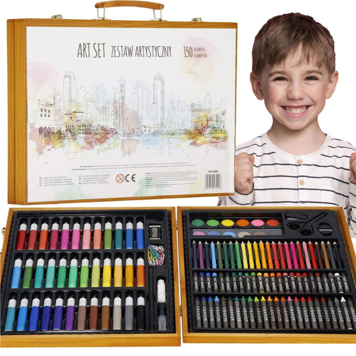 Set de pictura si desen pentru copii, 150 de piese, trusa lemn maro [13]